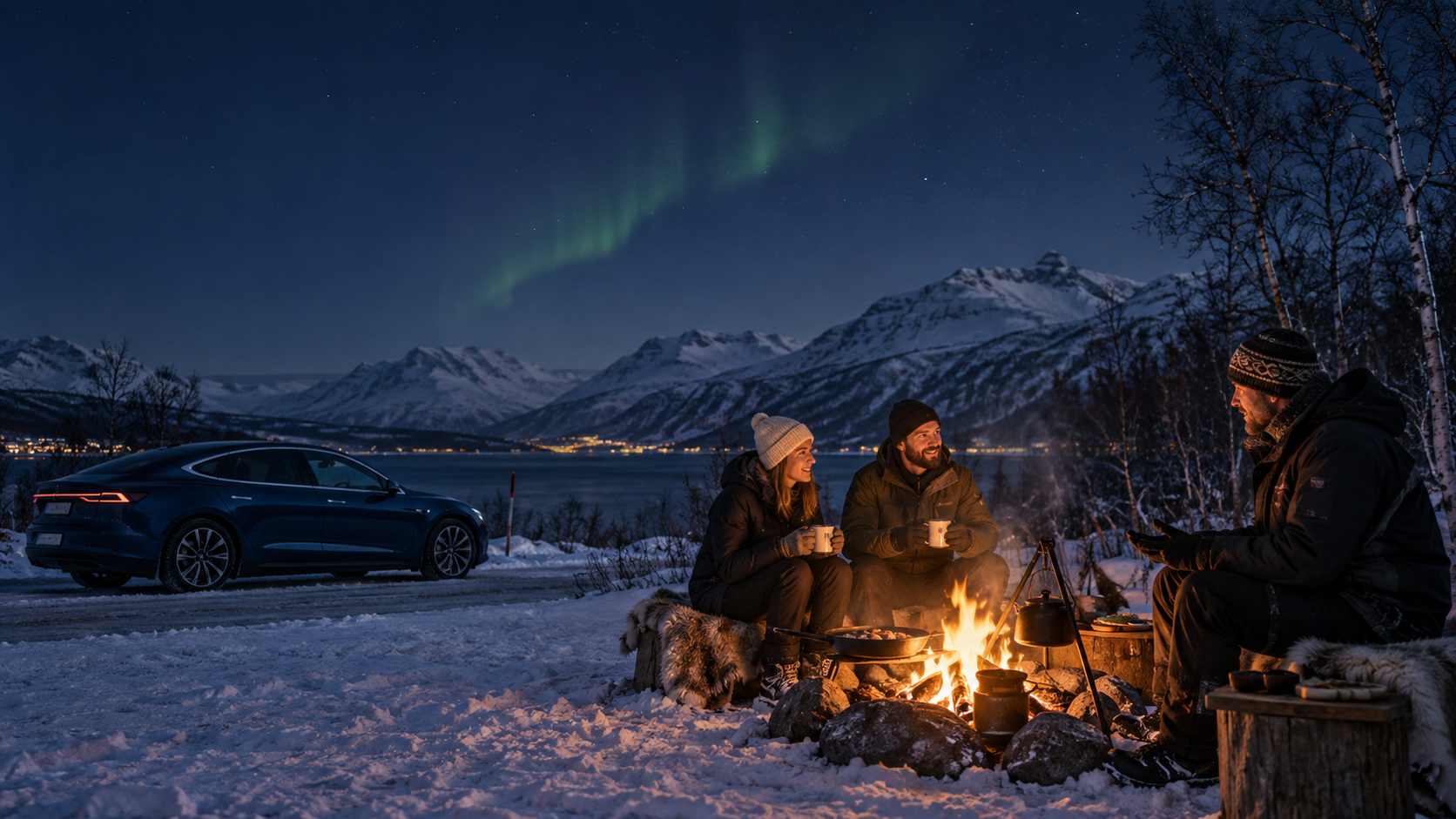 Arktisk vinterlandskap med nordlys og mennesker samlet rundt et bål.
